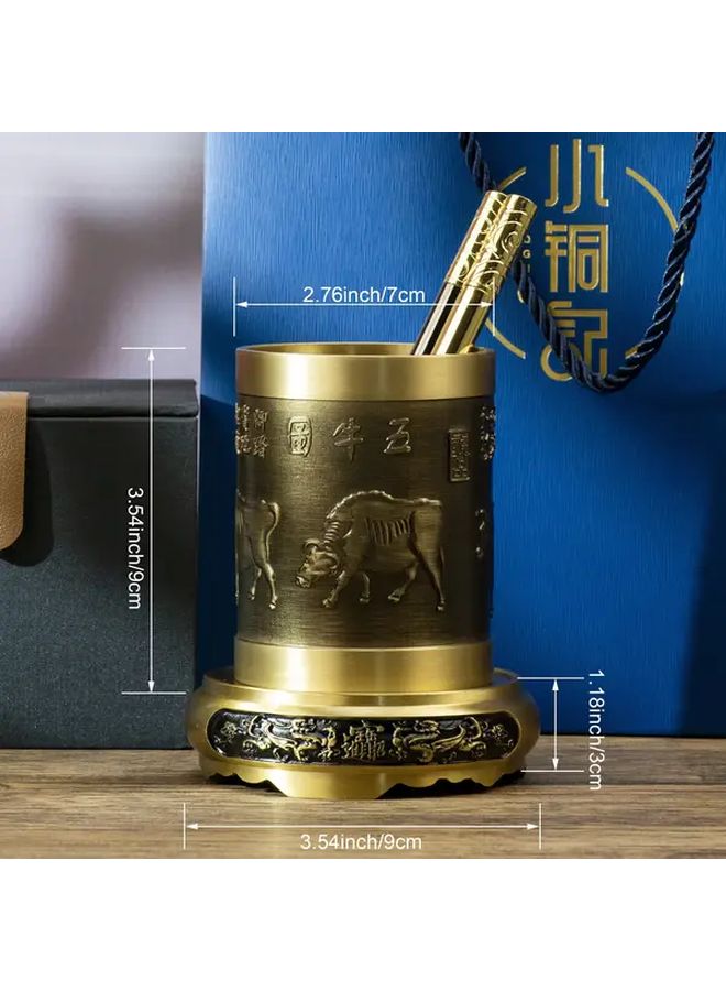 Five Oxen Brass Pen Holder Vintage Design 2 76 Inch Diameter Office Desk Decor Gift - Image 3